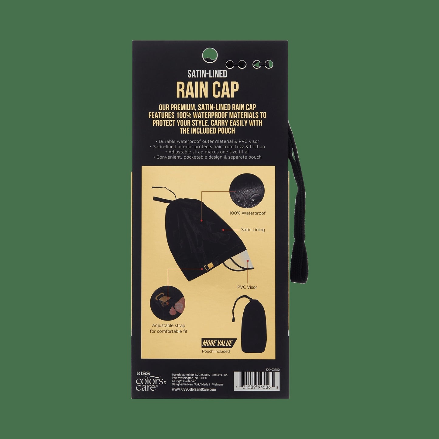 Kiss Colors & Care Satin-Lined Premium Rain Cap - Black | Rain Protector, Travel Pouch Included, Hair Accessories