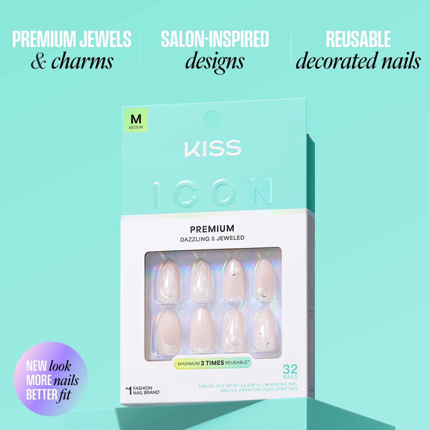 Kiss Icon Press On Fake Glue Nails - Remarkable | 3D & Jewel Design, Metallic Purple, Medium, Almond