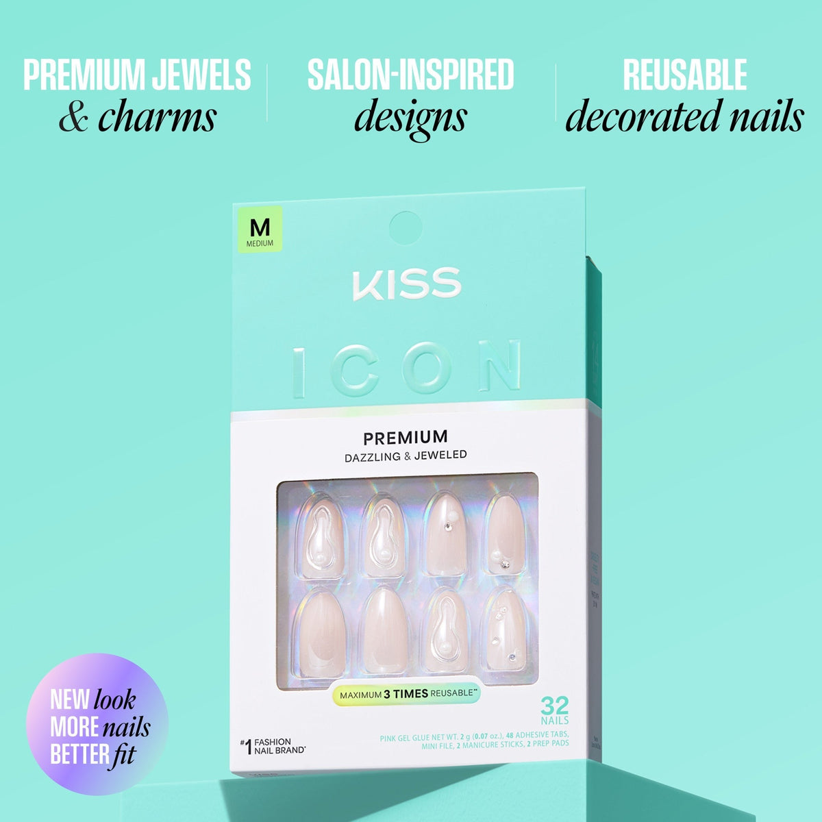 Kiss Icon Press On Fake Glue Nails - Terrific | 3D & Jewel Design, White, Medium, Almond