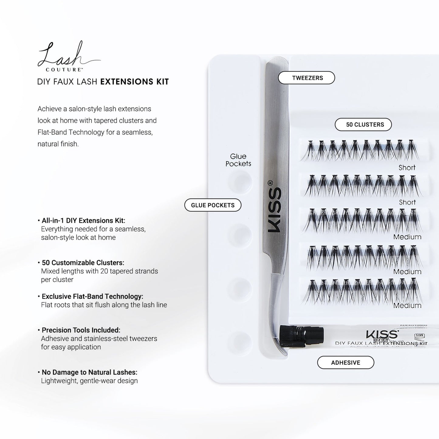 Kiss Lash Couture DIY Faux False Eyelashes Extensions Kit | 50 Clusters, Cluster Lashes, 12mm-14mm