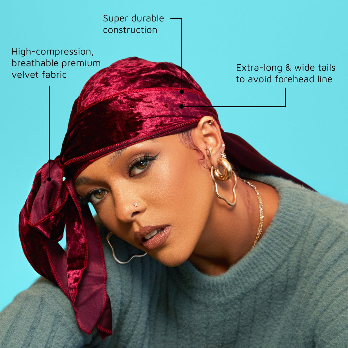 Kiss Colors & Care Compress-Rag Power Wave Luxe Velvet Durag - Black | Wave Cap, One Size, Hair Accessories