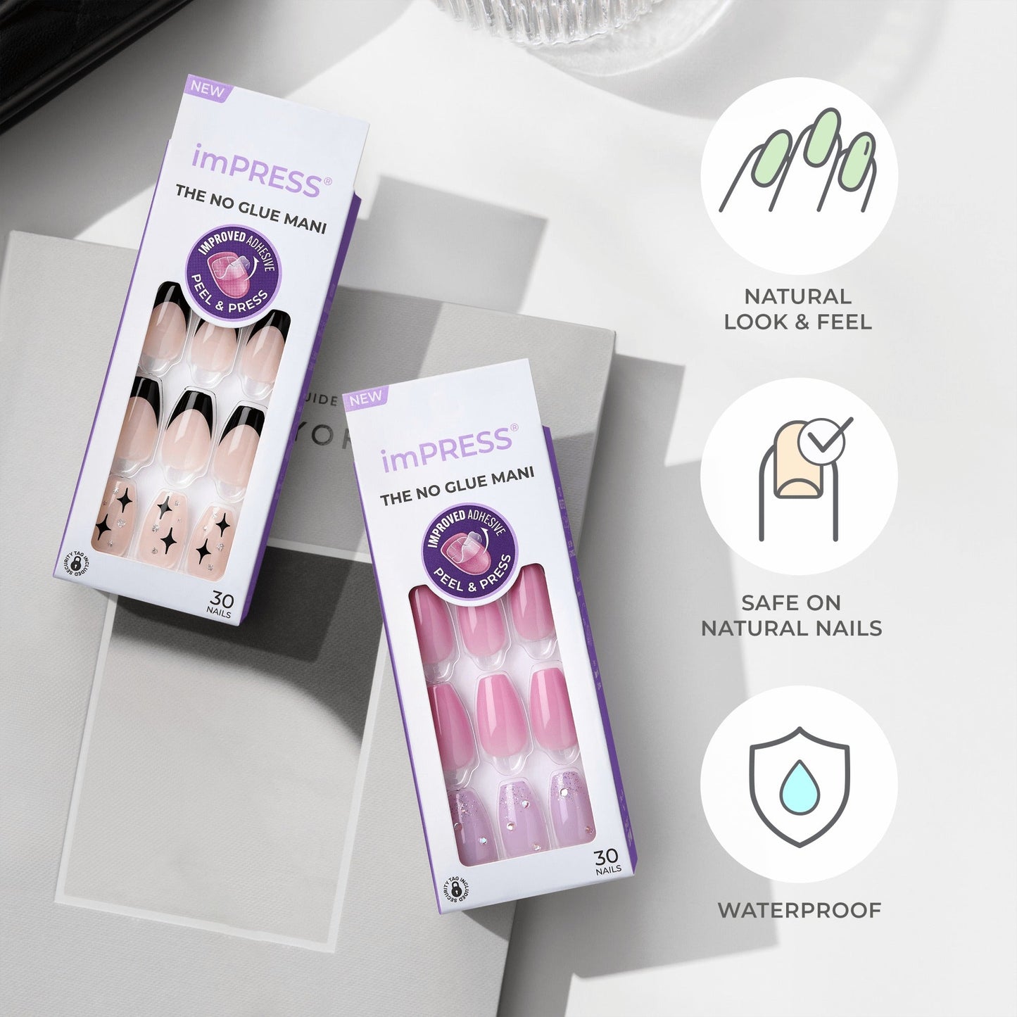 Impress Design No Glue Fake Press On Nails - For the Night | French Design, Black, Medium, Coffin, Manicure