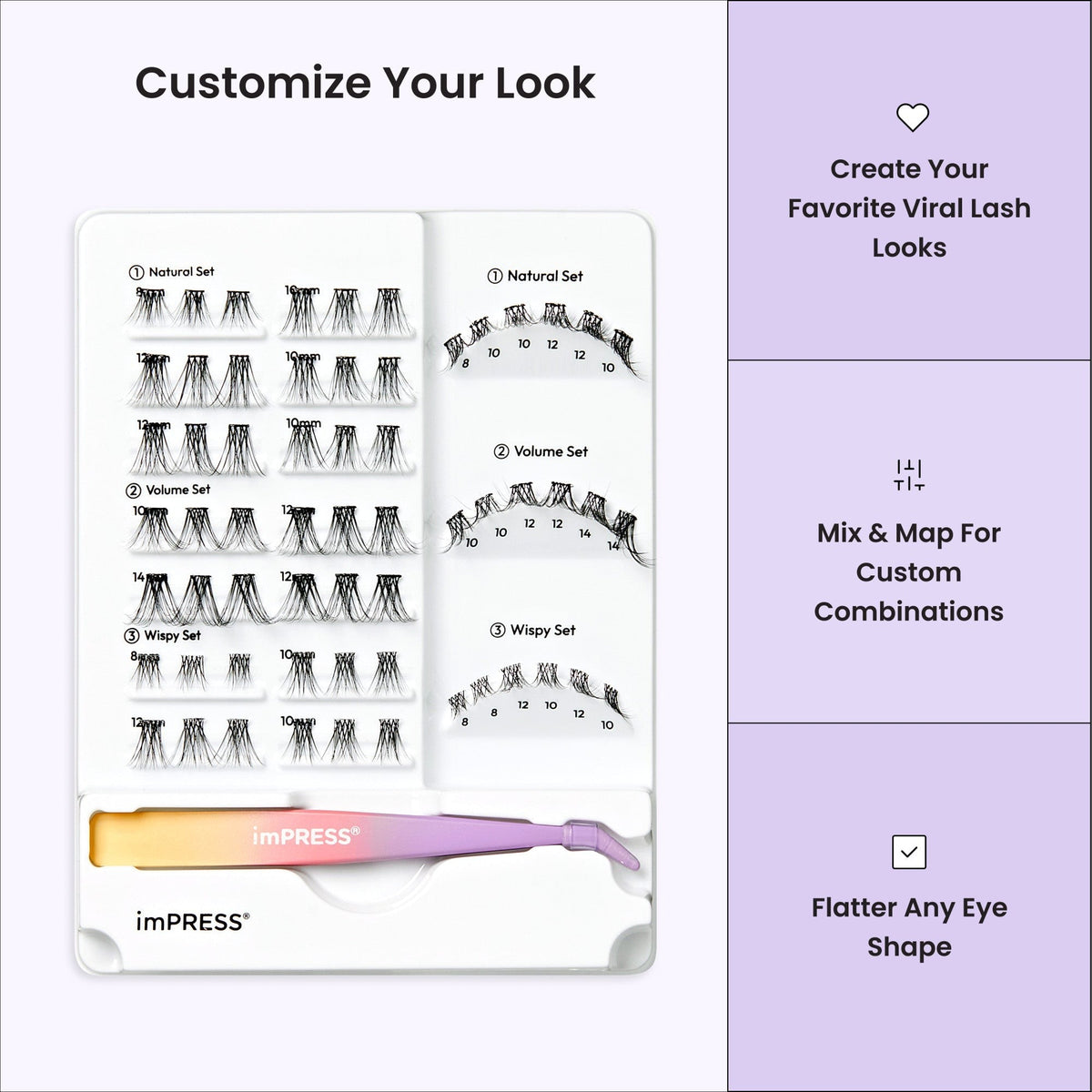 Impress Falsies Pre-Glued Individual False Eyelashes Starter Kit | 60 Lash Clusters, With Applicator, 8mm-14mm