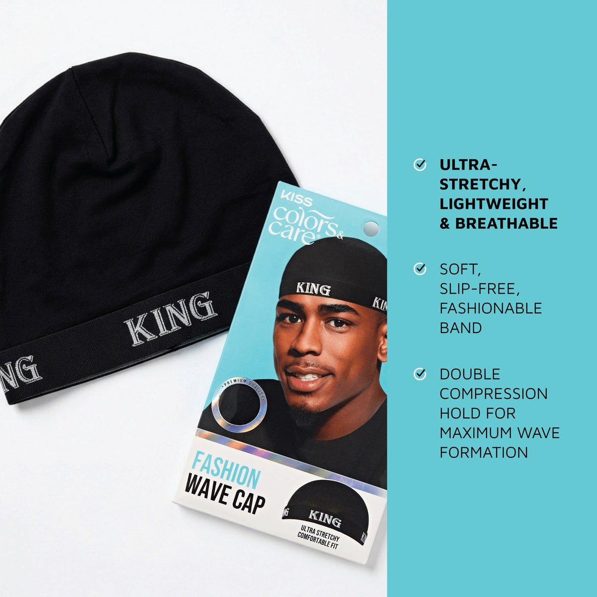 Kiss Colors & Care Premium Fashion Wave Cap - Black | Wave Cap, Double Compression, One Size, Hair Accessories