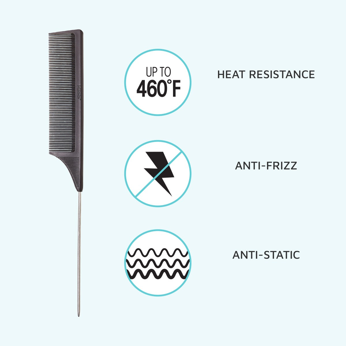 Kiss Colors & Care Professional Carbon Fiber Pin Tail Comb | Parting Comb, Rat Tail Comb