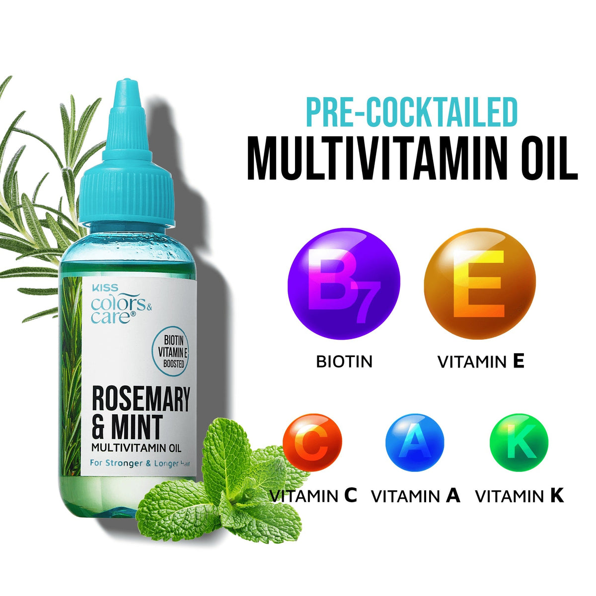 Kiss Colors & Care Multivitamin Oil - Rosemary & Mint | For Stronger & Longer Hair, Hair & Body, Beauty Products, 2.5 oz