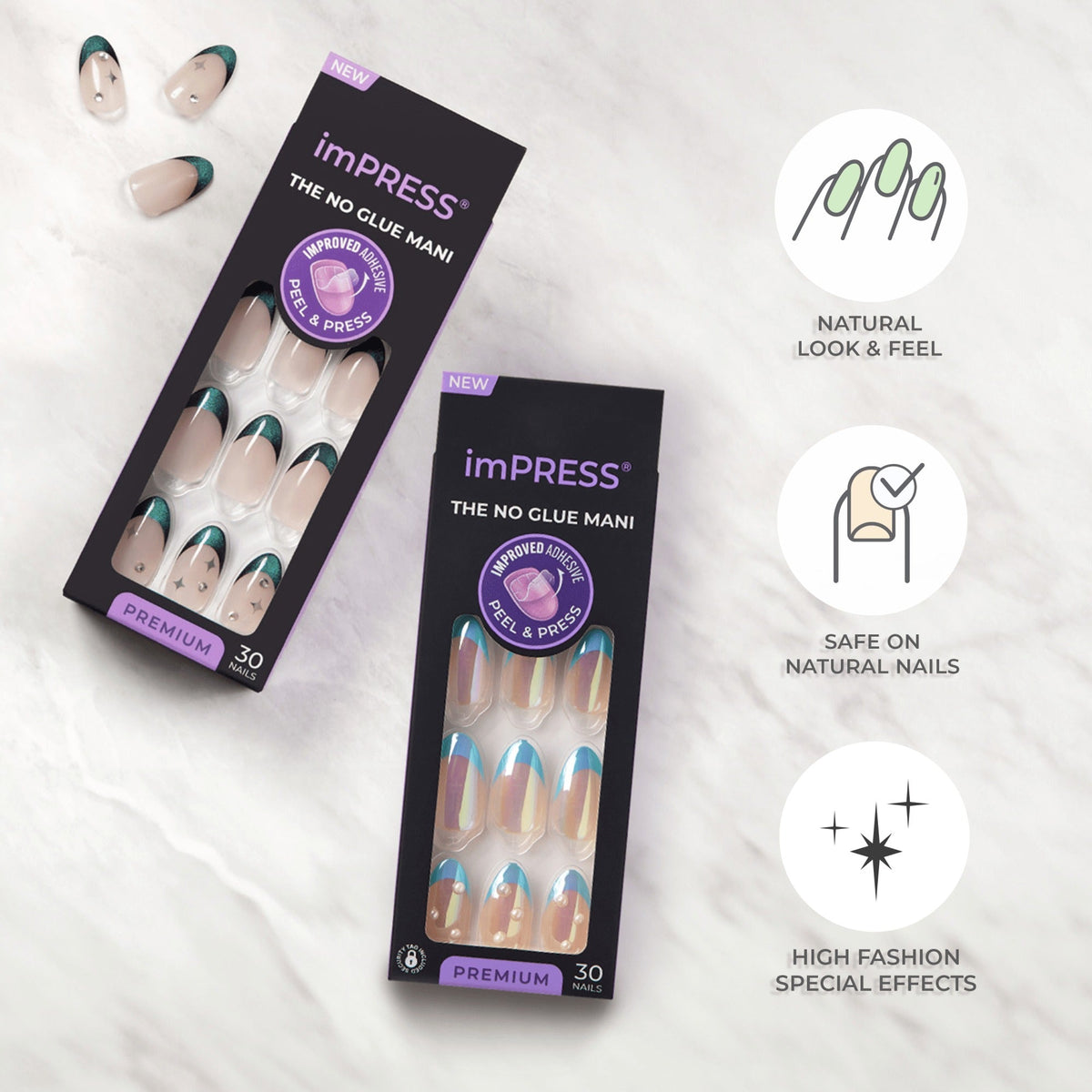 Impress Premium No Glue Fake Press On Nails - Portal | 3D & Jewel Design, Purple, Medium, Coffin, Manicure