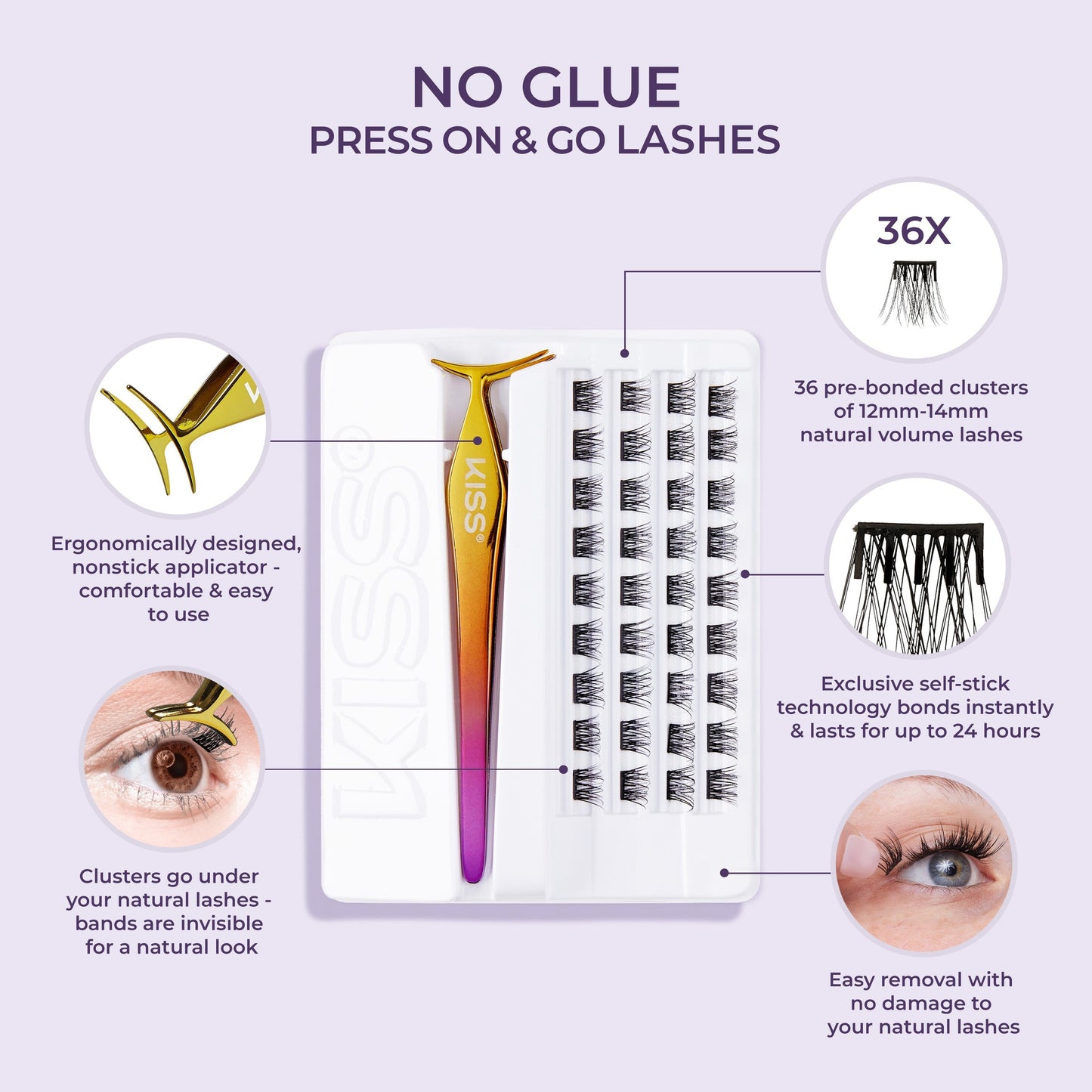 Impress Falsies Pre-Glued False Eyelashes Starter Kit - Natural | 36 Lash Clusters, With Applicator, 12mm-14mm
