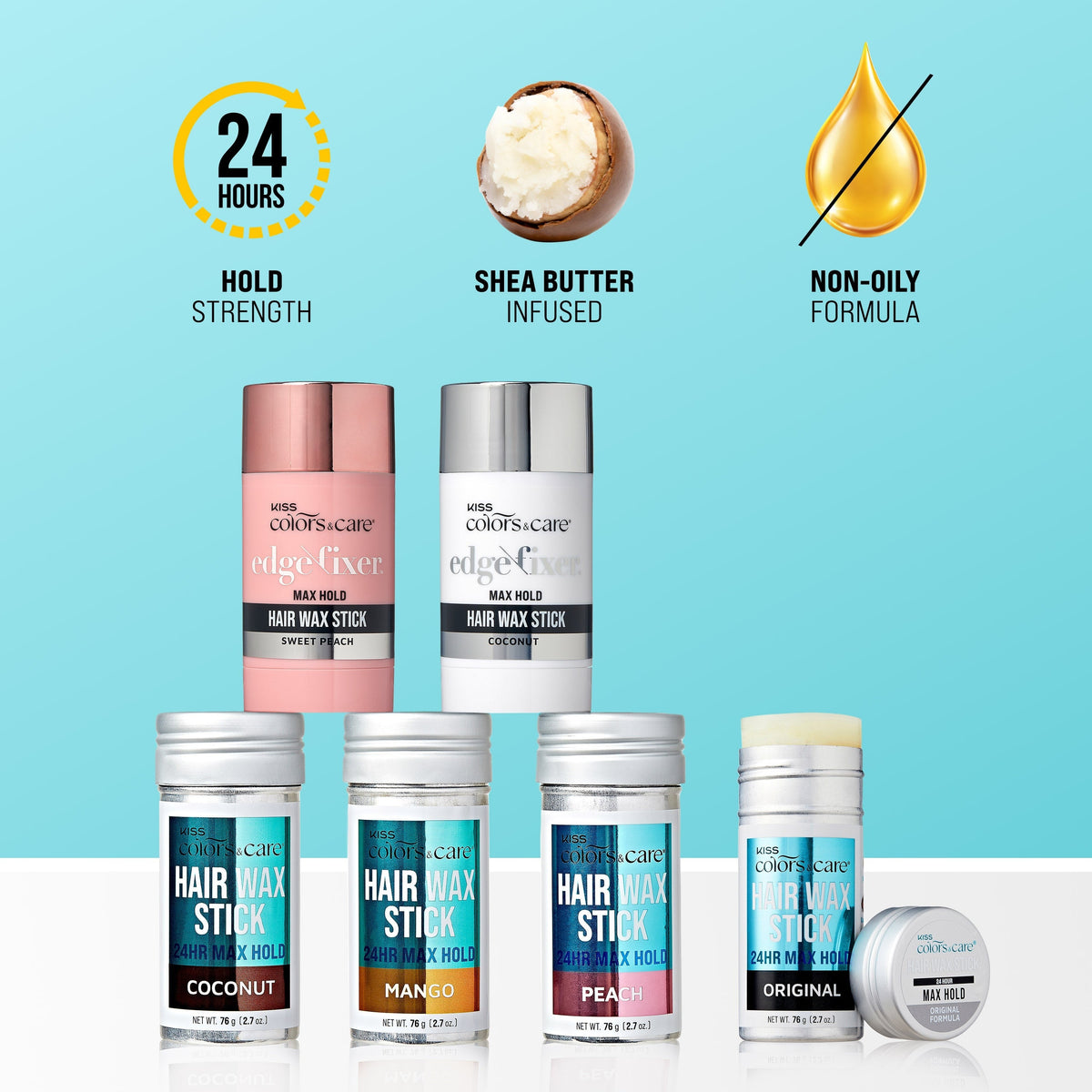 Kiss Colors & Care Edge Fixer Wax Stick - Coconut | Edge Control, Baby Hair Gel, 24 hr Max Hold, Push-Up Application, Hair Care