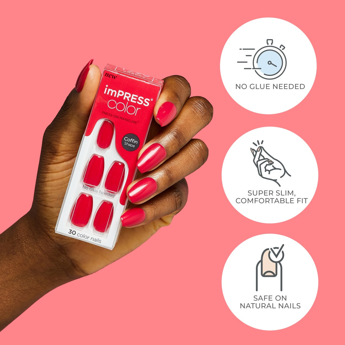Impress Color No Glue Fake Press On Nails - Serendipity | Solid, Pink, Medium, Coffin, Manicure