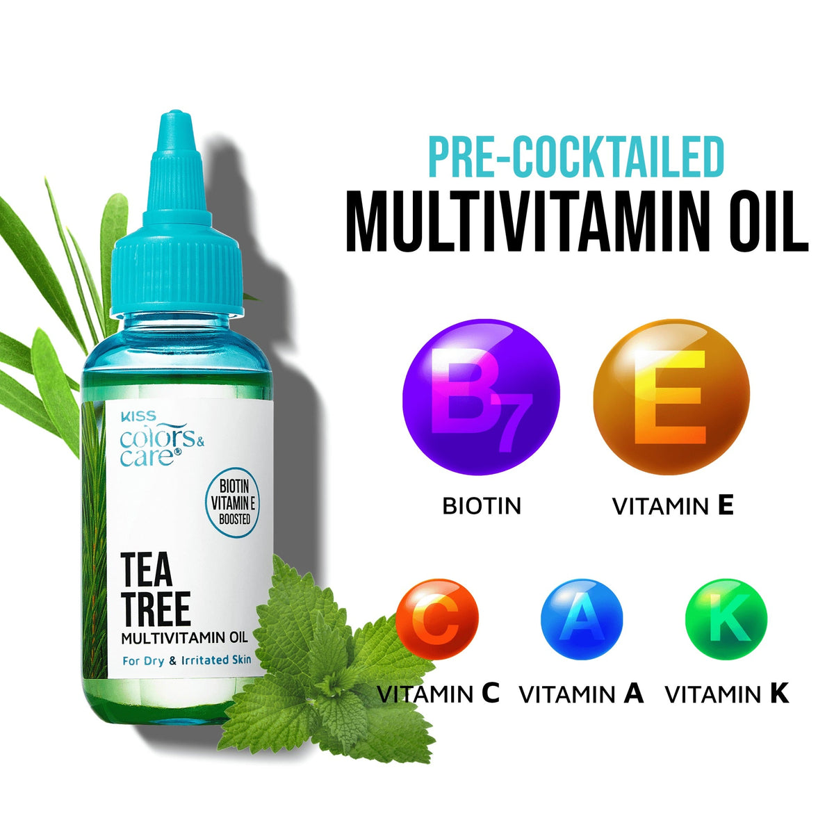 Kiss Colors & Care Multivitamin Oil - Tea Tree | For Dry & Irritated Skin, Hair & Body, Beauty Products, 2.5 oz