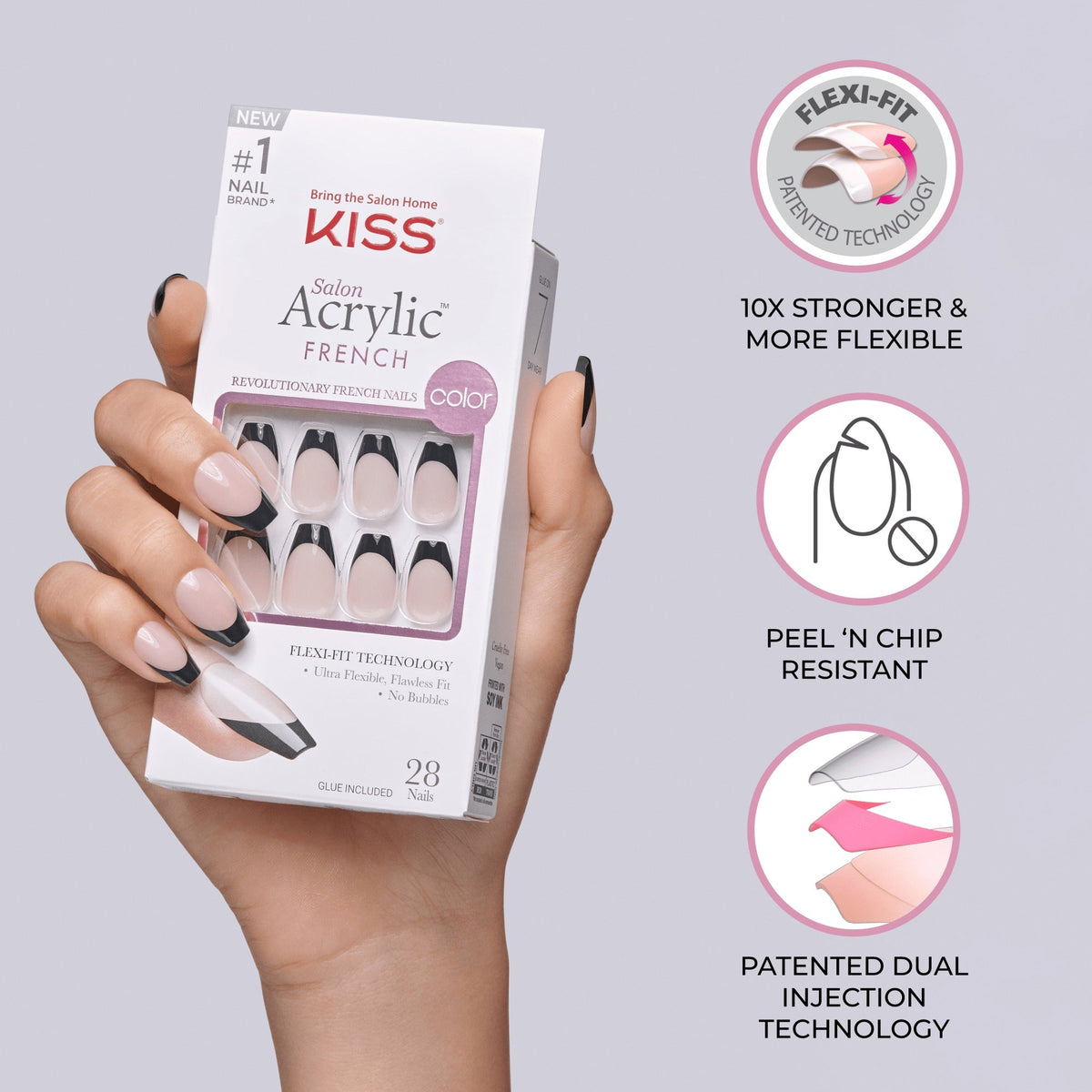 Kiss Salon Acrylic French Color Press On Glue Nails - Squared