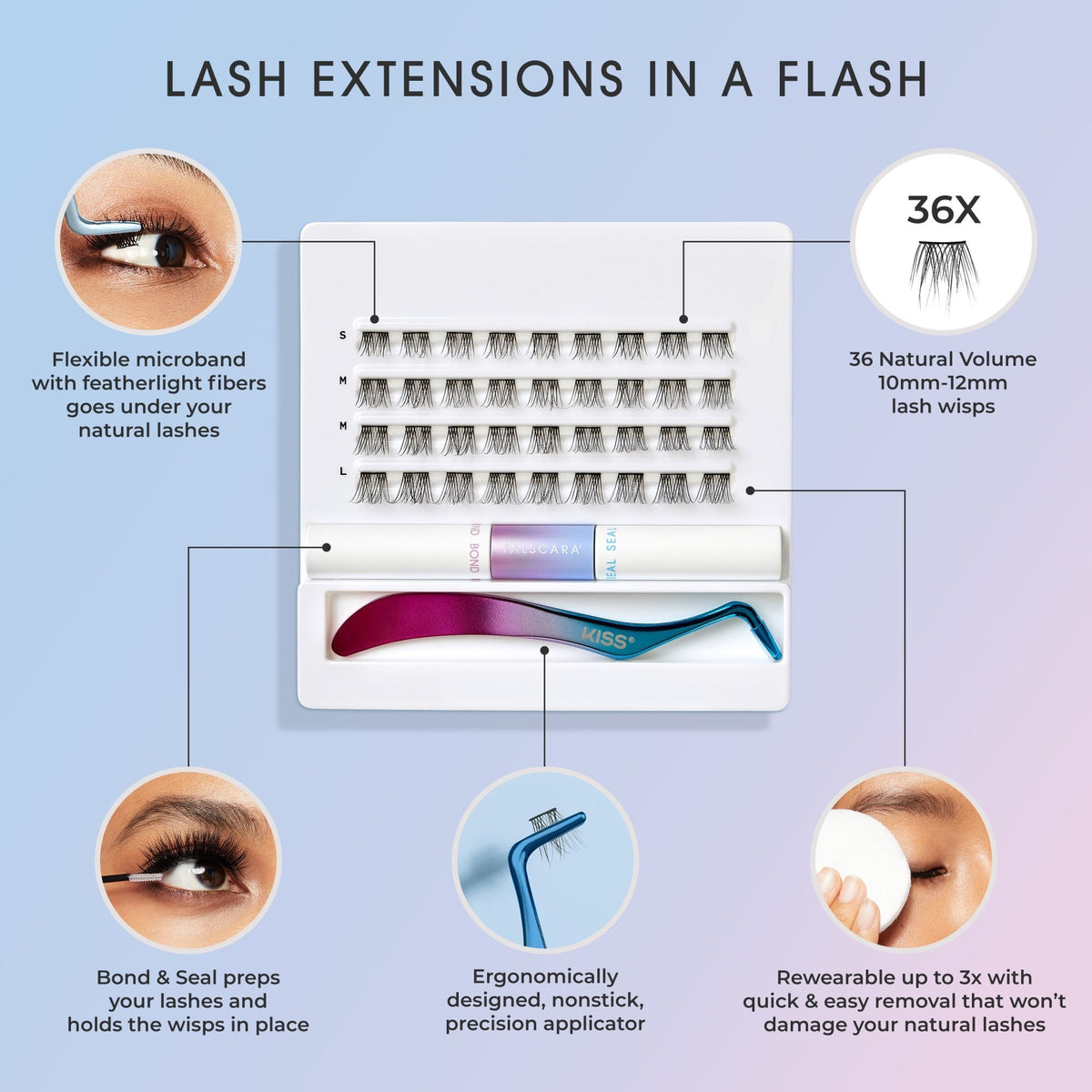 Falscara Lengthening Wisps Starter Kit | DIY False Lash Extensions, Natural, Cluster Lash, Wispy Lashes, 36 Wisps, 10mm-12mm