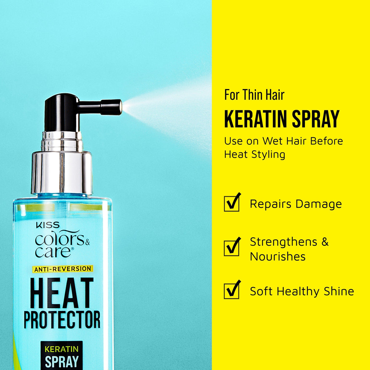 Kiss Colors & Care Anti-Reversion Heat Protector Keratin Spray | Hair Serum, For Thin Fine Hair, Hair Care