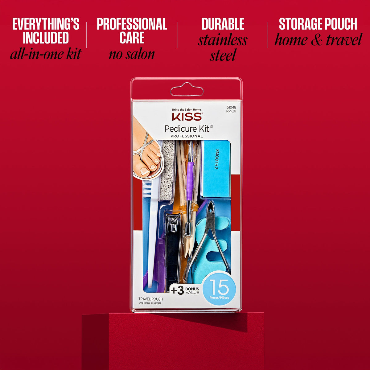Kiss Professional Pedicure Toenail Kit | Starter Kit, 15 Pieces, Includes Travel Pouch