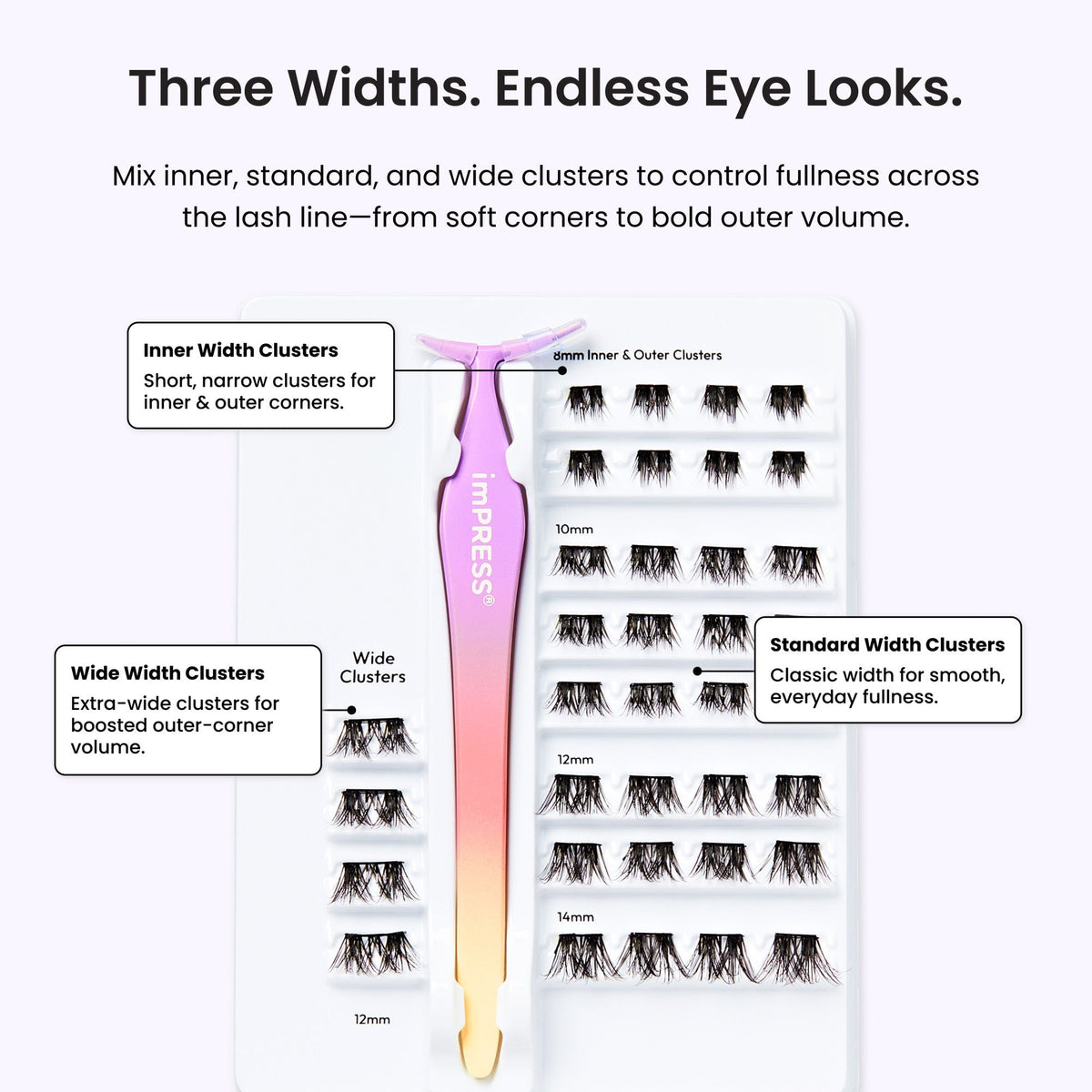 Impress Falsies Pre-Glued False Eyelashes Starter Kit - Faux Mink Volume | 36 Lash Clusters, With Applicator, 8mm-14mm