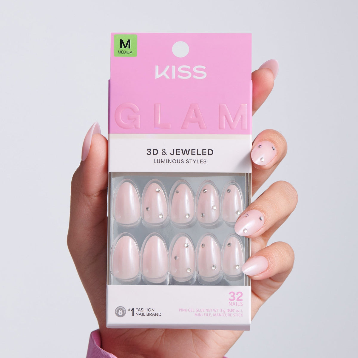 Kiss Glam Jeweled Press On Fake Glue Nails - Candy Dust | 3D & Jeweled, Pink, Medium, Almond