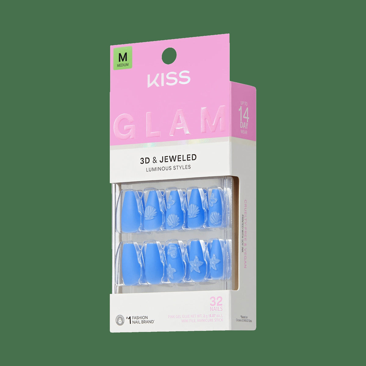 Kiss Glam Jeweled Press On Fake Glue Nails - Sunseeker | 3D & Jewel Design, Blue, Medium, Coffin