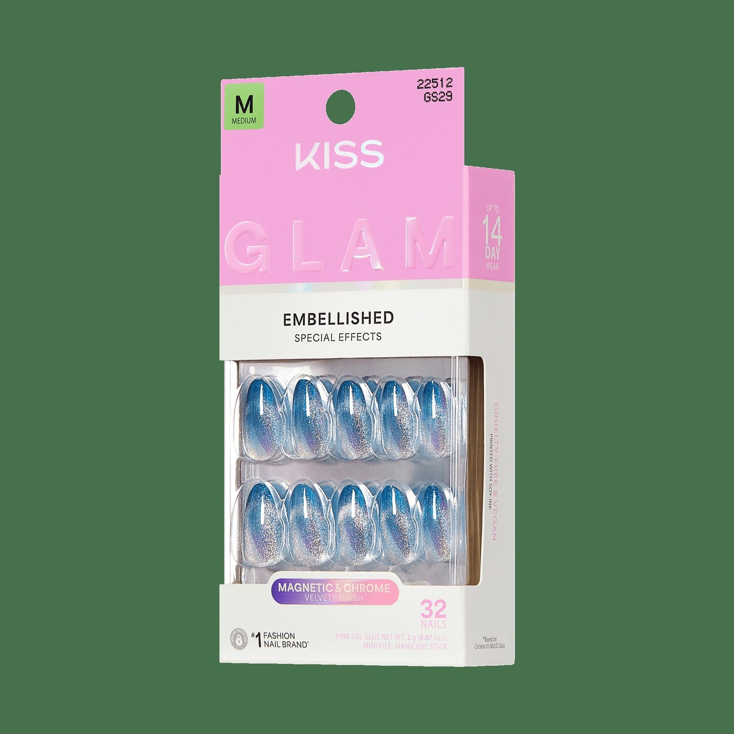 Kiss Glam Embellished Press On Fake Glue Nails - Glow Forever | Design, Blue, Medium, Almond