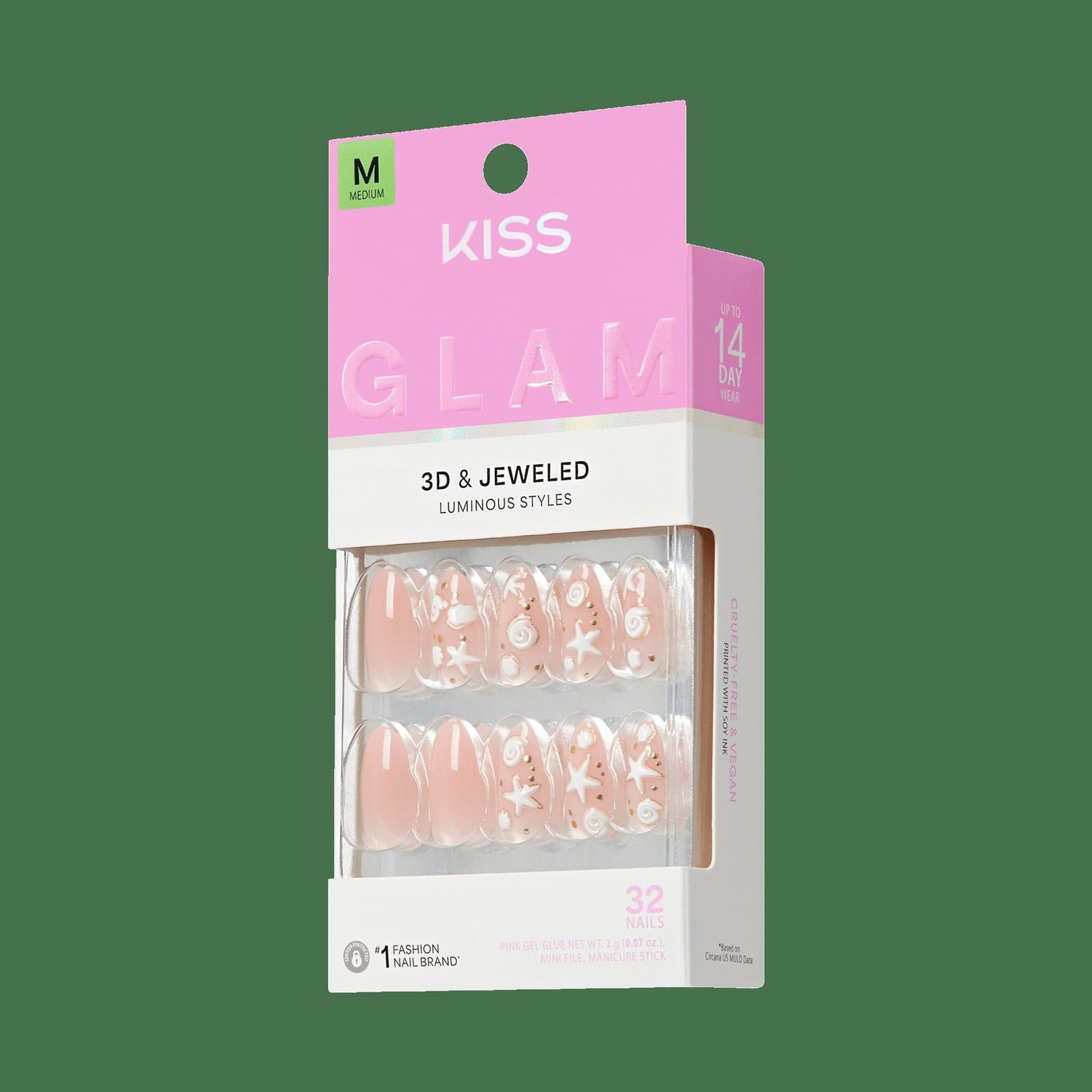 Kiss Glam Jeweled Press On Fake Glue Nails - Shell Me More | 3D & Jewel Design, Pink & White, Medium, Almond