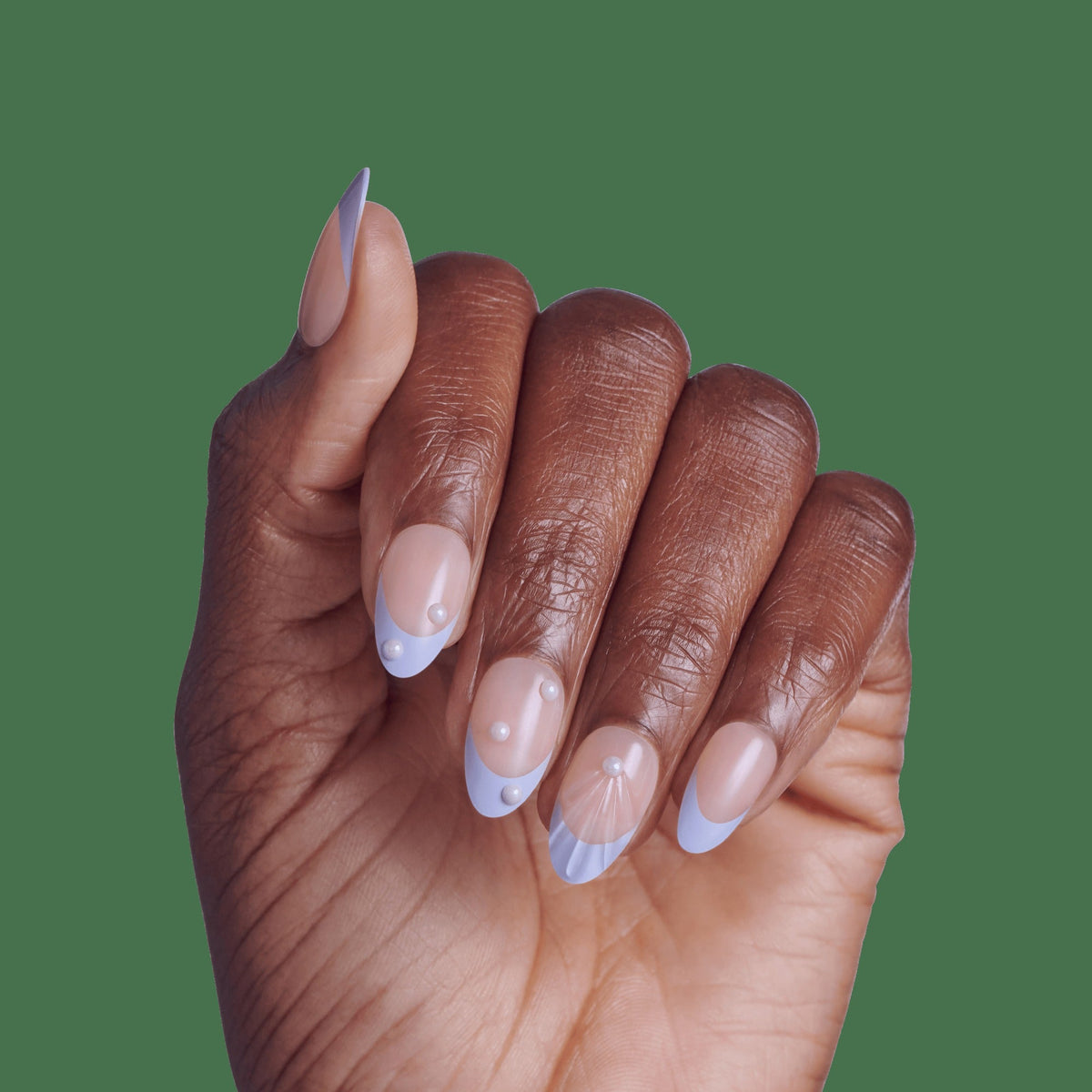 Impress Design No Glue Fake Press On Nails - Sky Breeze | 3D & Jewel French, Purple, Medium, Almond, Manicure
