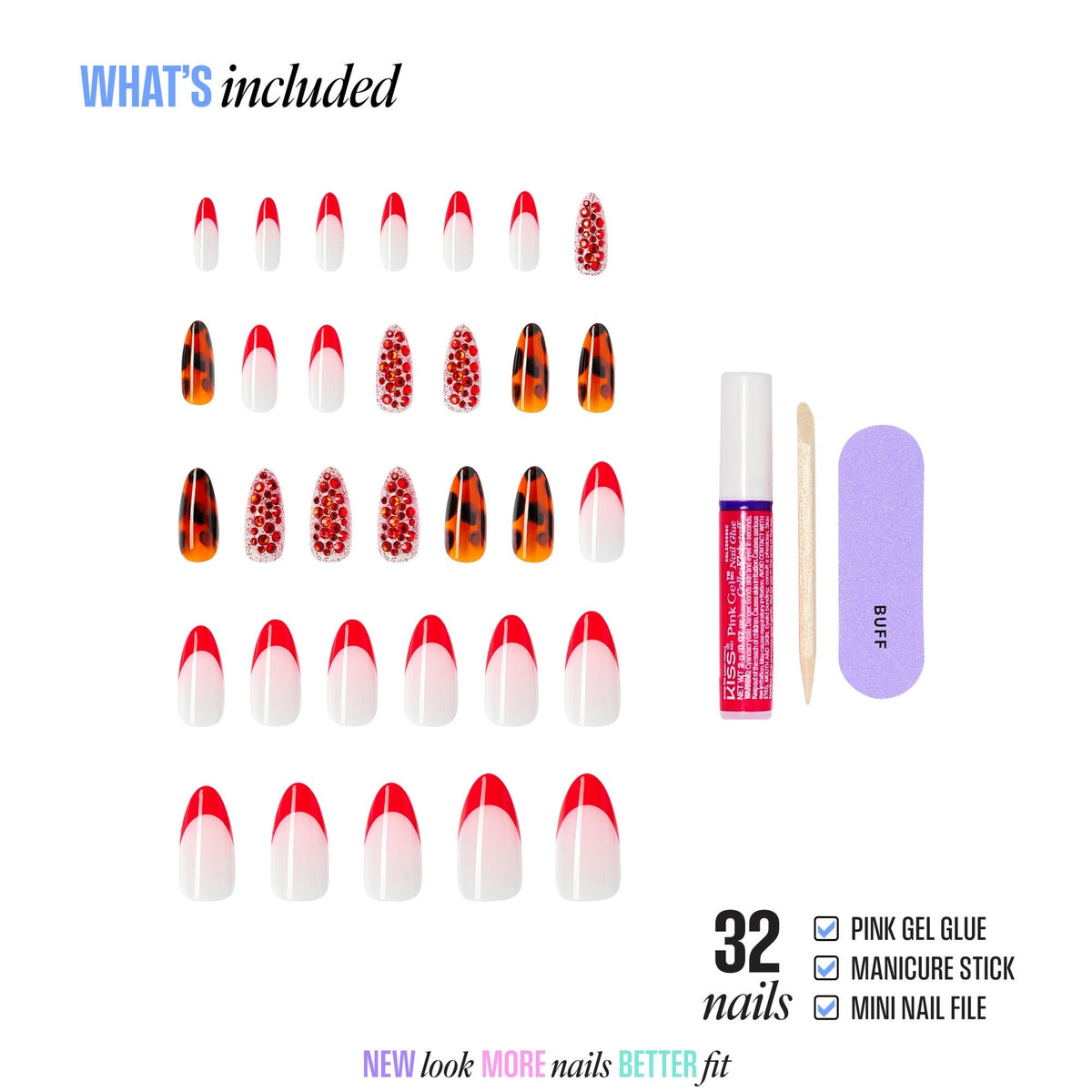 Kiss Luxe Press On Fake Glue Nails - Tidal Quest | 3D & Jewel French Design, Red & Brown, Long, Almond