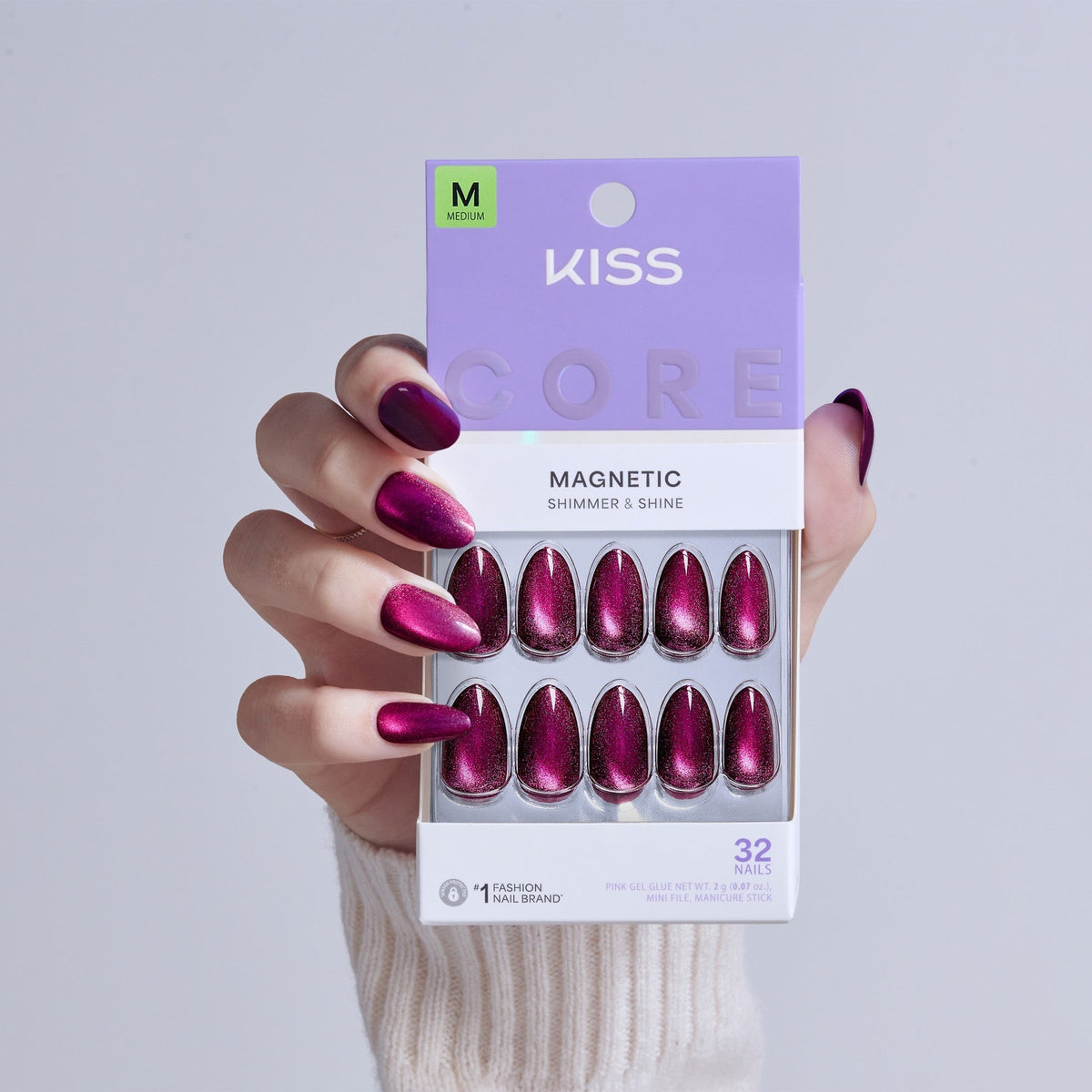 Kiss Core Magnetic Press On Fake Glue Nails - Glittering | Magnetic, Purple, Medium, Almond