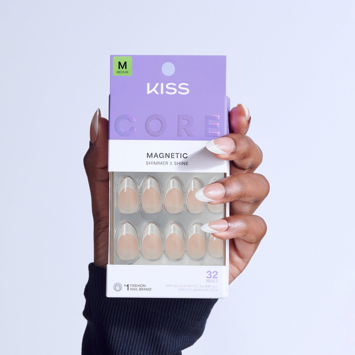 Kiss Core Magnetic Press On Fake Glue Nails - Patchouli | French Tips, Silver, Medium, Almond
