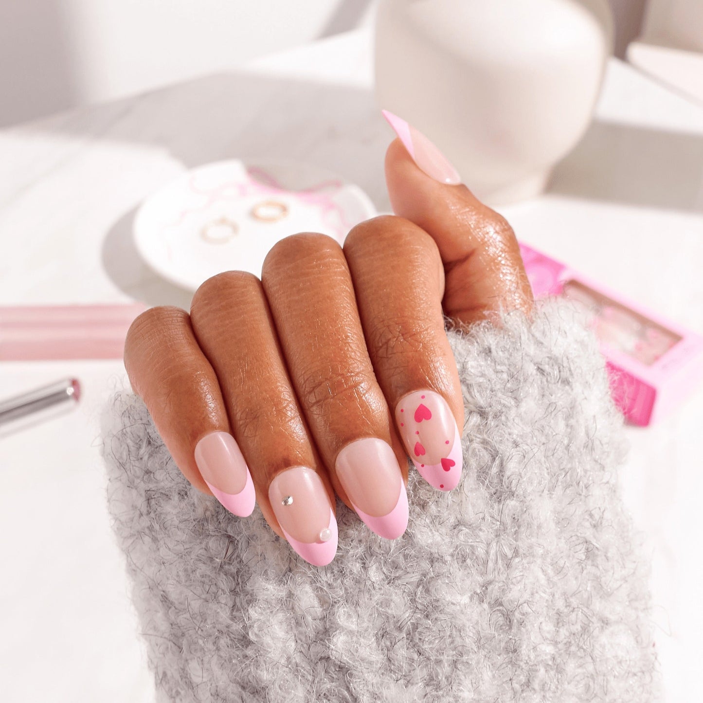 Impress Design No Glue Fake Press On Nails - Still The One | 3D & Jewel French Design, Pink, Medium, Almond, Manicure