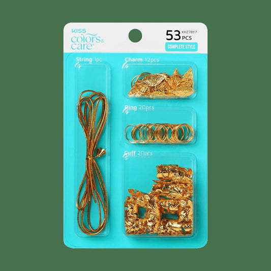 Kiss Colors & Care Luxe Braid Charm Kit - Gold | 1 String, 12 Charms, 20 Rings, 20 Cuffs, Hair Accessories