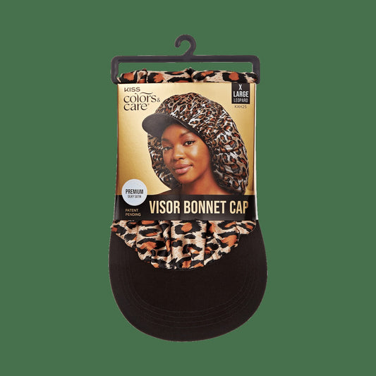 Kiss Colors & Care Silky Satin Visor Bonnet Cap - XL Leopard | Silk Bonnet, Day & Night, Hair Accessories