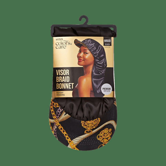 Kiss Colors & Care Silky Satin Visor Bonnet Cap - Braid Black | Silk Bonnet, Day & Night, Hair Accessories