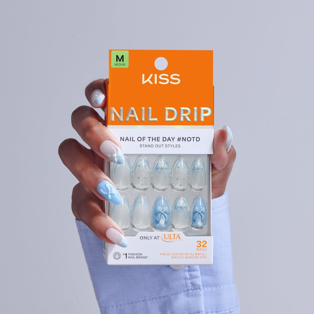 Kiss Nail Drip Press On Fake Glue Nails - Playful Drift | 3D & Jewel French Design, Blue, Medium, Almond