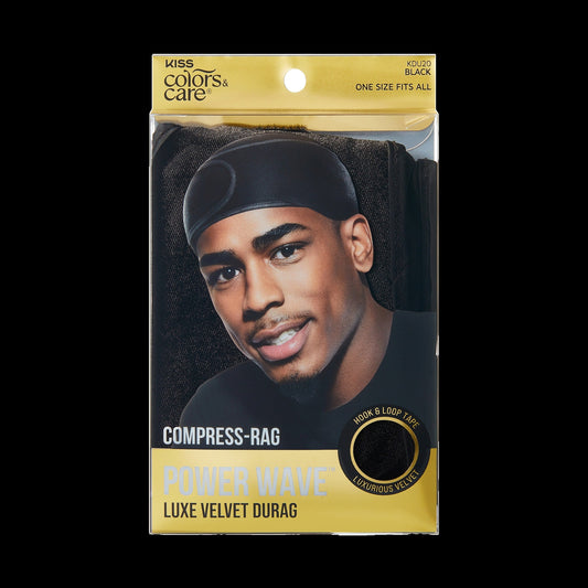 Kiss Colors & Care Compress-Rag Power Wave Luxe Velvet Durag - Black | Wave Cap, One Size, Hair Accessories