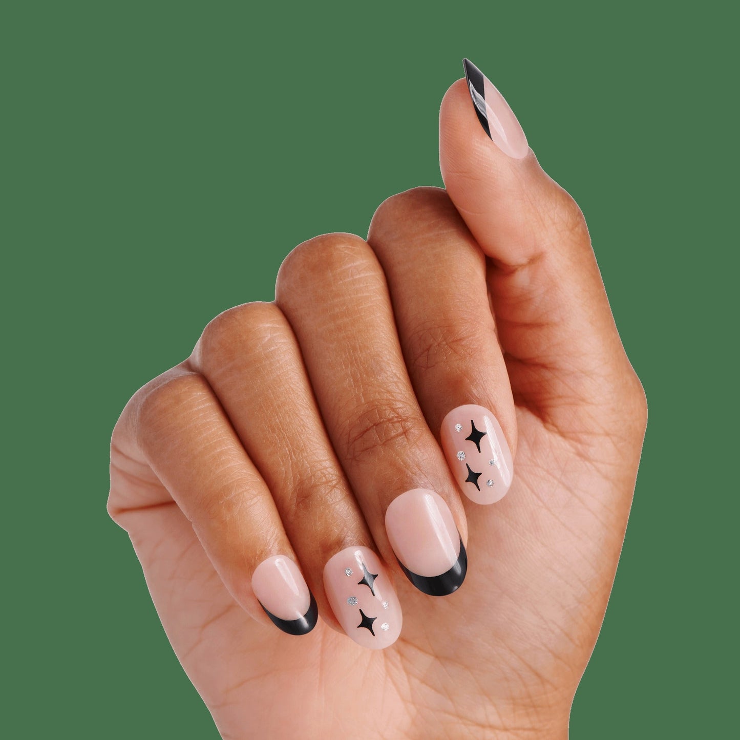 Impress Design No Glue Fake Press On Nails - Gold Ring | French Design, Black, Short, Oval, Manicure
