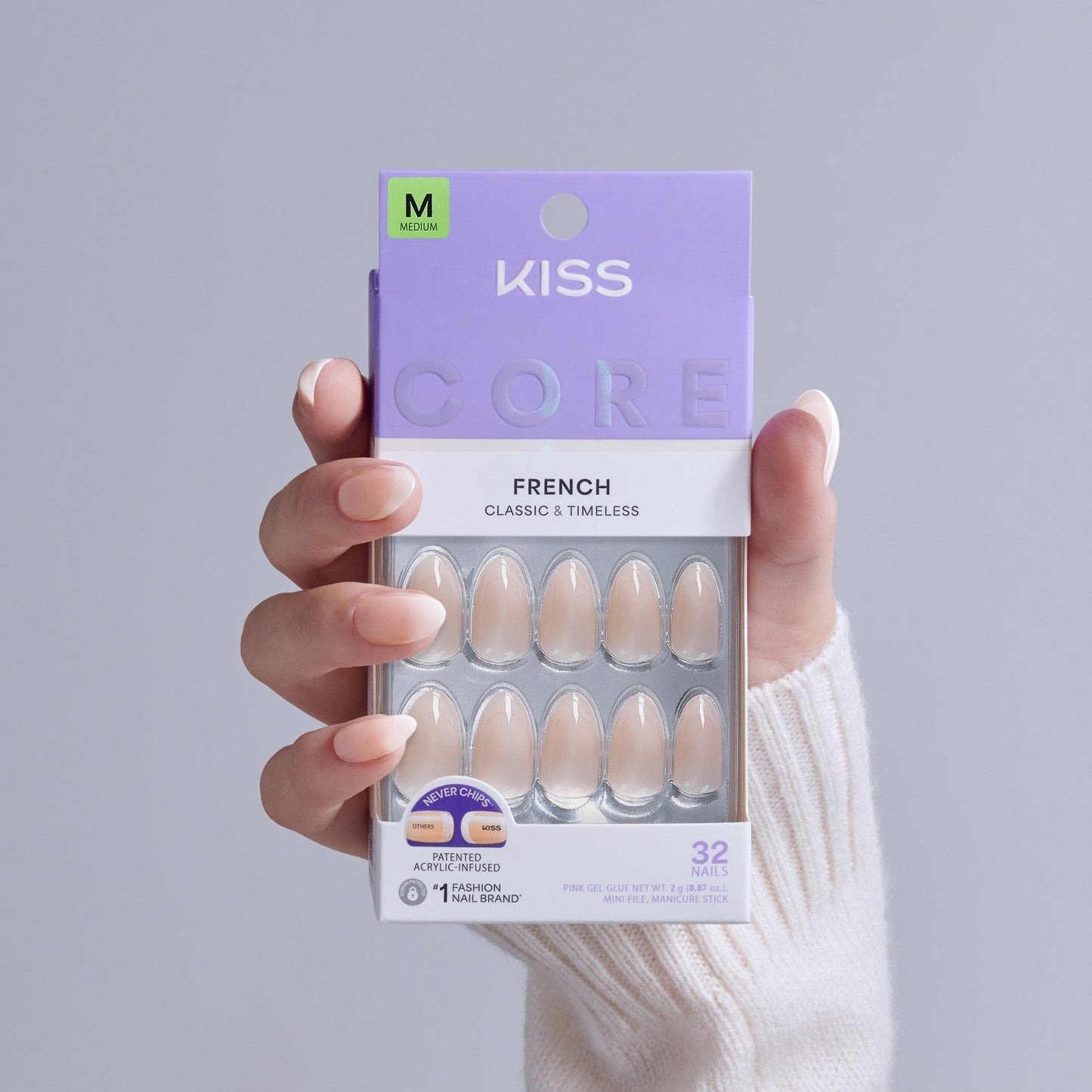 Kiss Core French Press On Fake Glue Nails - Burble | French Tips, White, Medium, Almond