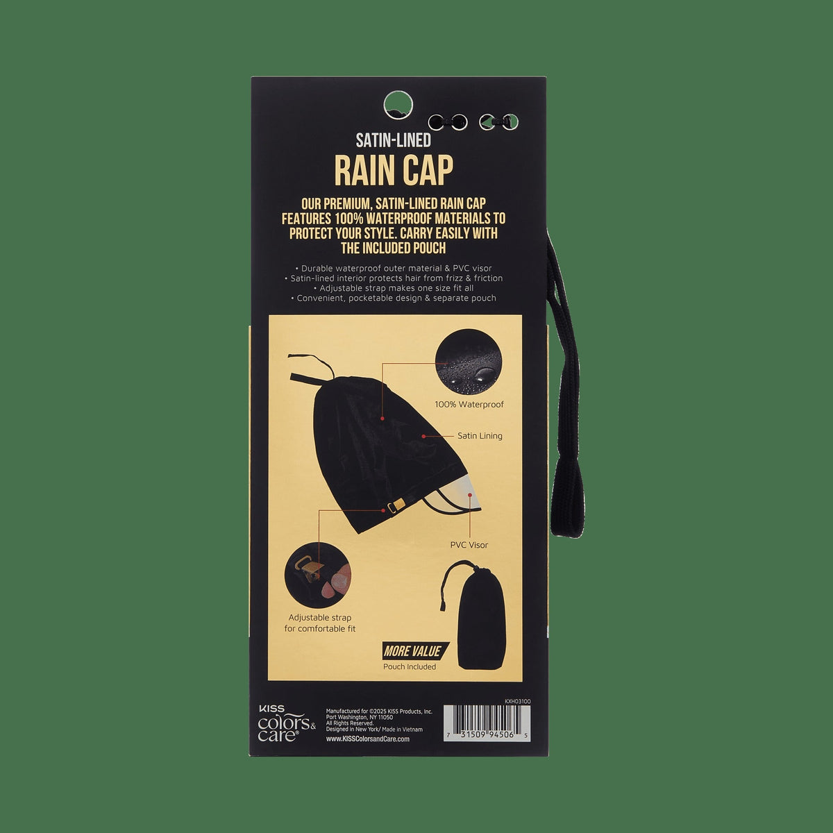 Kiss Colors & Care Satin-Lined Premium Rain Cap - Black | Rain Protector, Travel Pouch Included, Hair Accessories