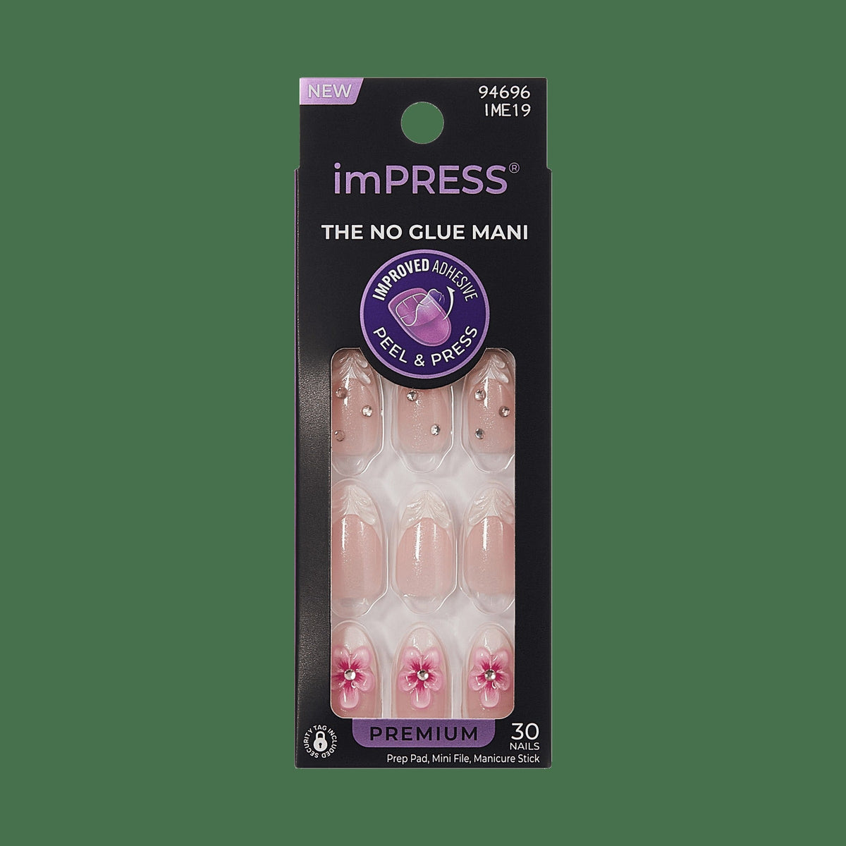 Impress Premium No Glue Fake Press On Nails - Couture-geous | 3D & Jewel French, Pink, Medium, Almond, Manicure