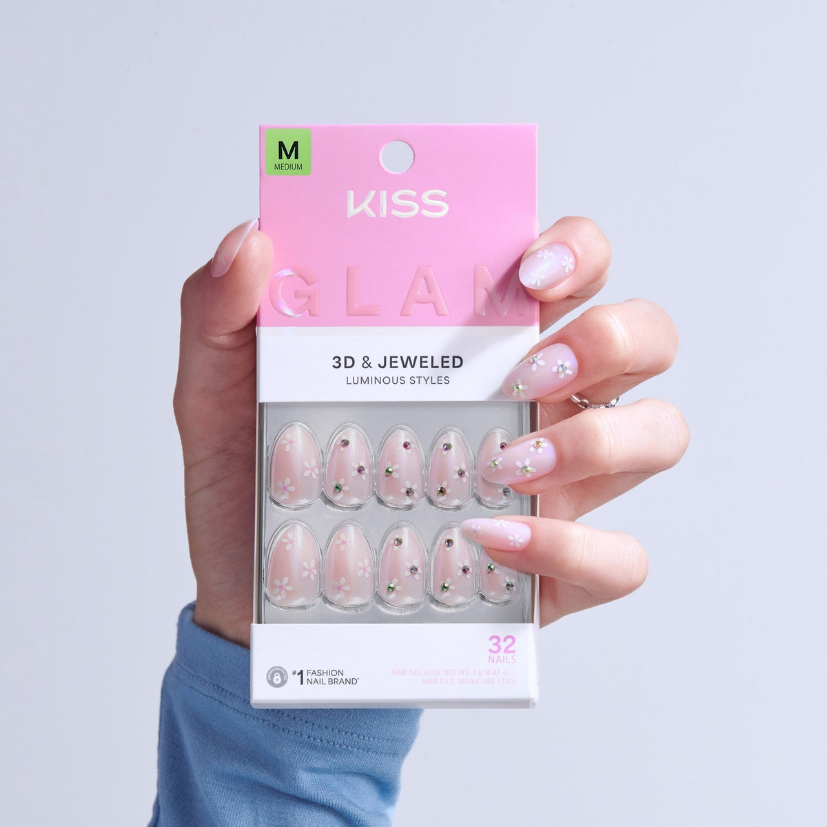 Kiss Glam 3D & Jewel Press On Fake Glue Nails - Breeze of Bliss | Design, Pink, Medium, Almond