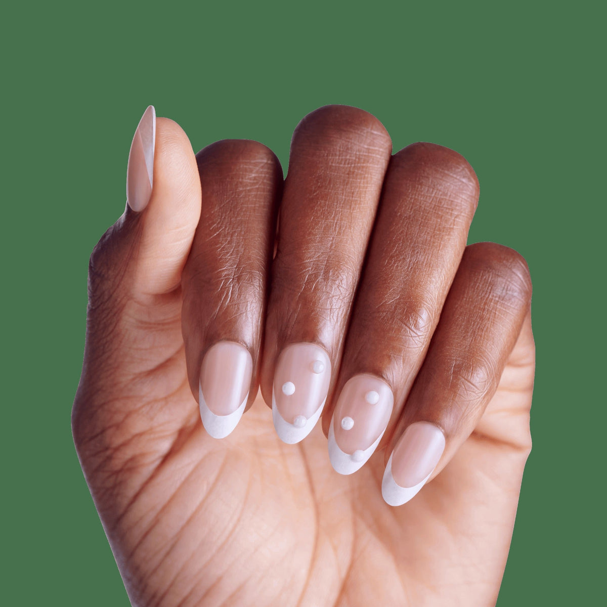 Impress Design No Glue Fake Press On Nails - Chills | 3D & Jewel French, White, Medium, Almond, Manicure