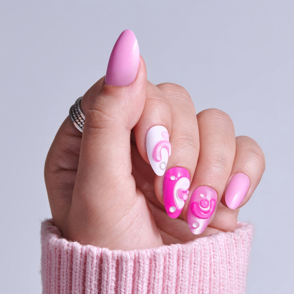 Kiss Nail Drip Press On Fake Glue Nails - Cheerful Meadow | 3D & Jewel Design, Pink, Medium, Almond