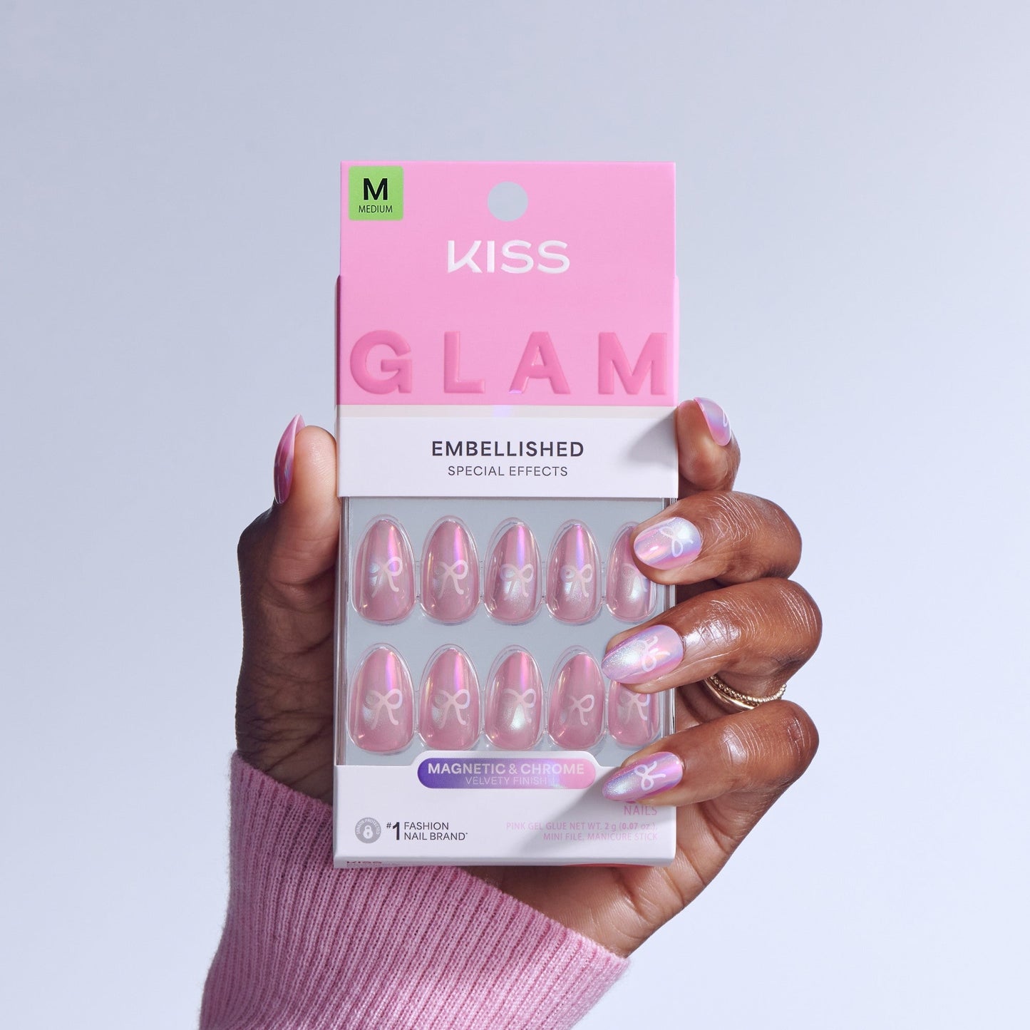 Kiss Glam Embellished Press On Fake Glue Nails - Crystal Pop | Design, Pink, Medium, Almond