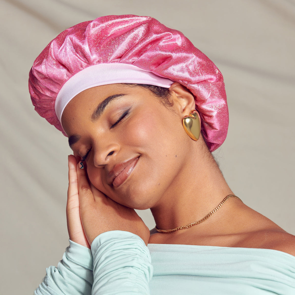 Kiss Colors & Care Glamour Glitter Bonnet Cap, XL - Pink Pearl | Extra-Large, Silk Bonnet, Sleep Bonnet, Hair Accessories