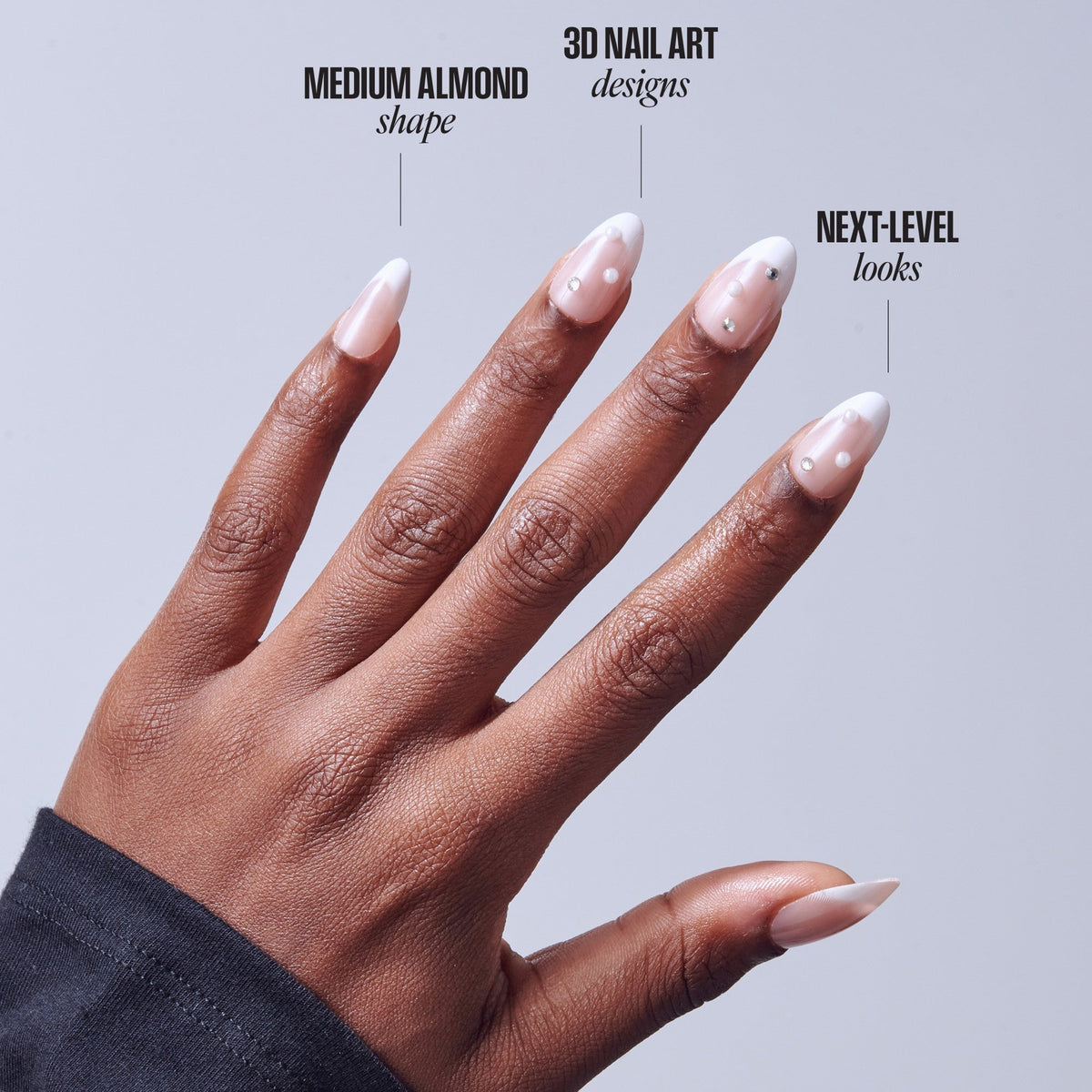 Kiss Glam 3D & Jewel Press On Fake Glue Nails - Serendipity Awaits | 3D & Jewel French, White, Medium, Almond