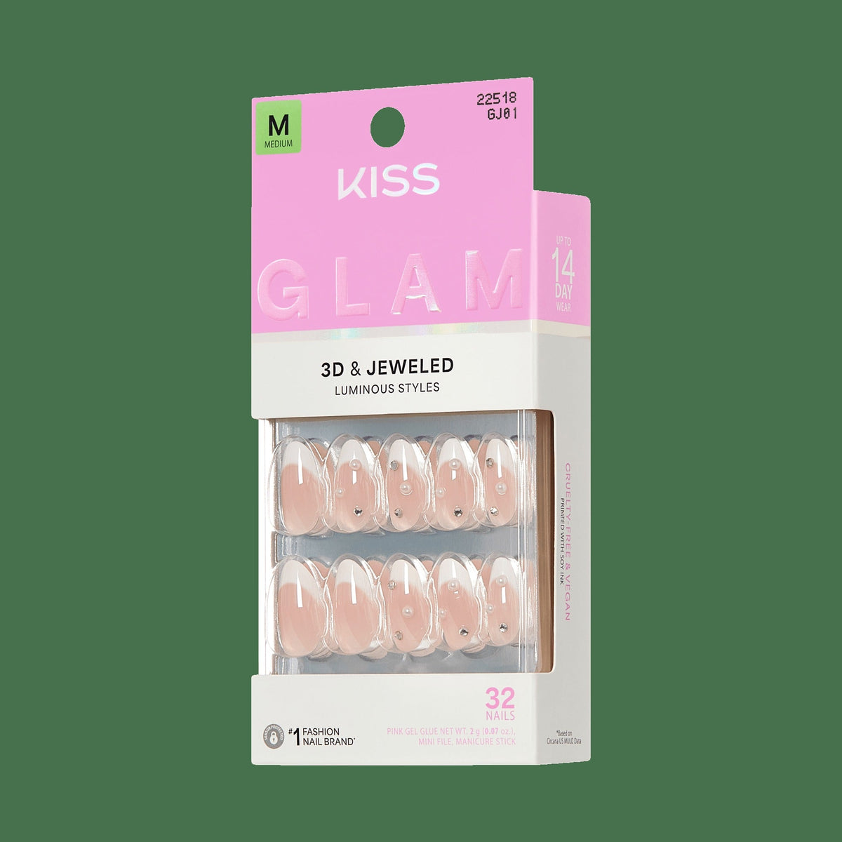 Kiss Glam 3D & Jewel Press On Fake Glue Nails - Serendipity Awaits | 3D & Jewel French, White, Medium, Almond