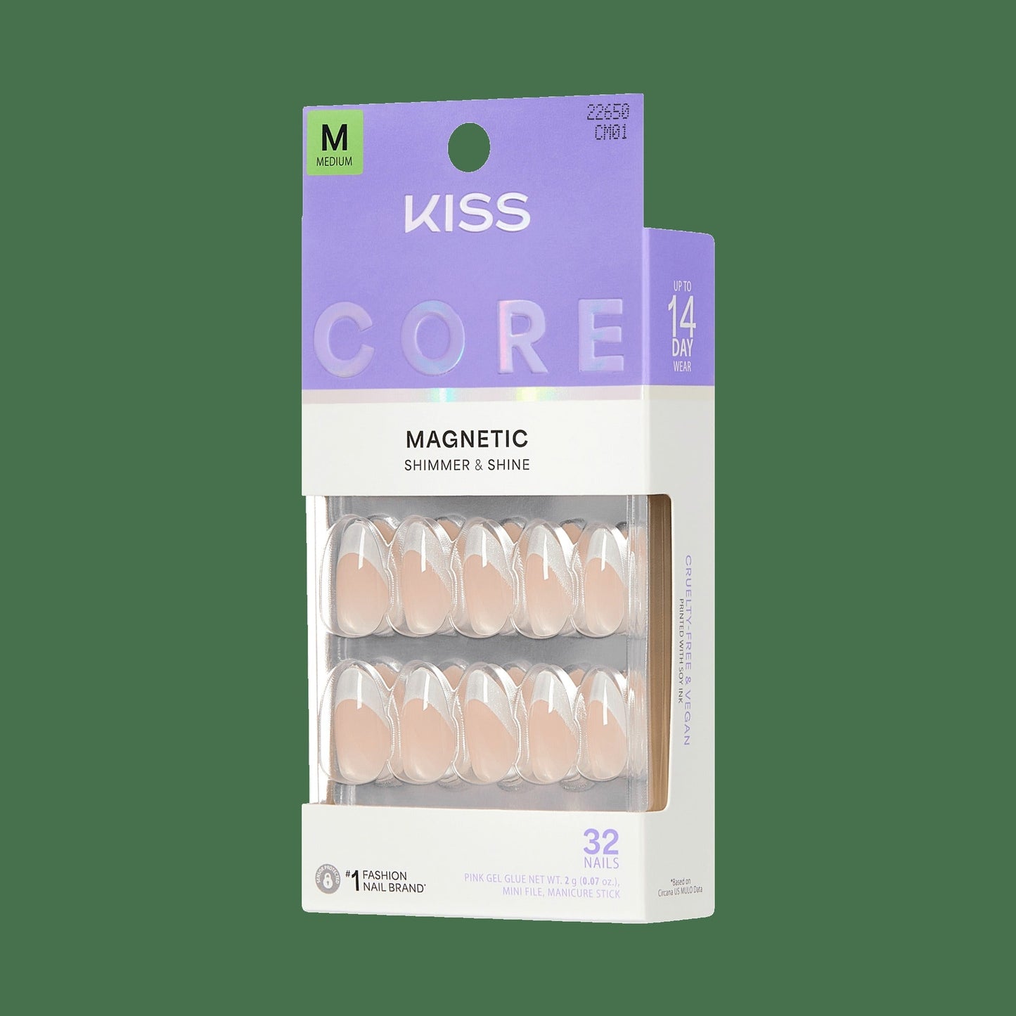 Kiss Core Magnetic Press On Fake Glue Nails - Patchouli | French Tips, Silver, Medium, Almond