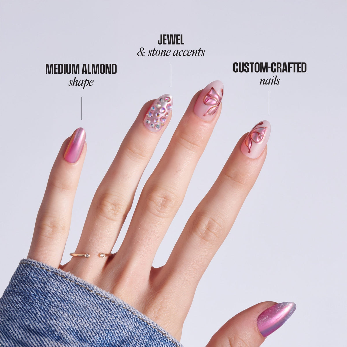Kiss Luxe Press On Fake Glue Nails - Rose Knot | 3D & Jewel Design, Pink, Medium, Almond