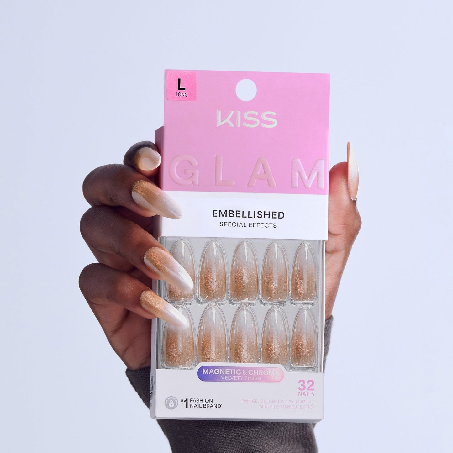 Kiss Glam Embellished Press On Fake Glue Nails - Day n Night | Design, Beige & White, Long, Almond