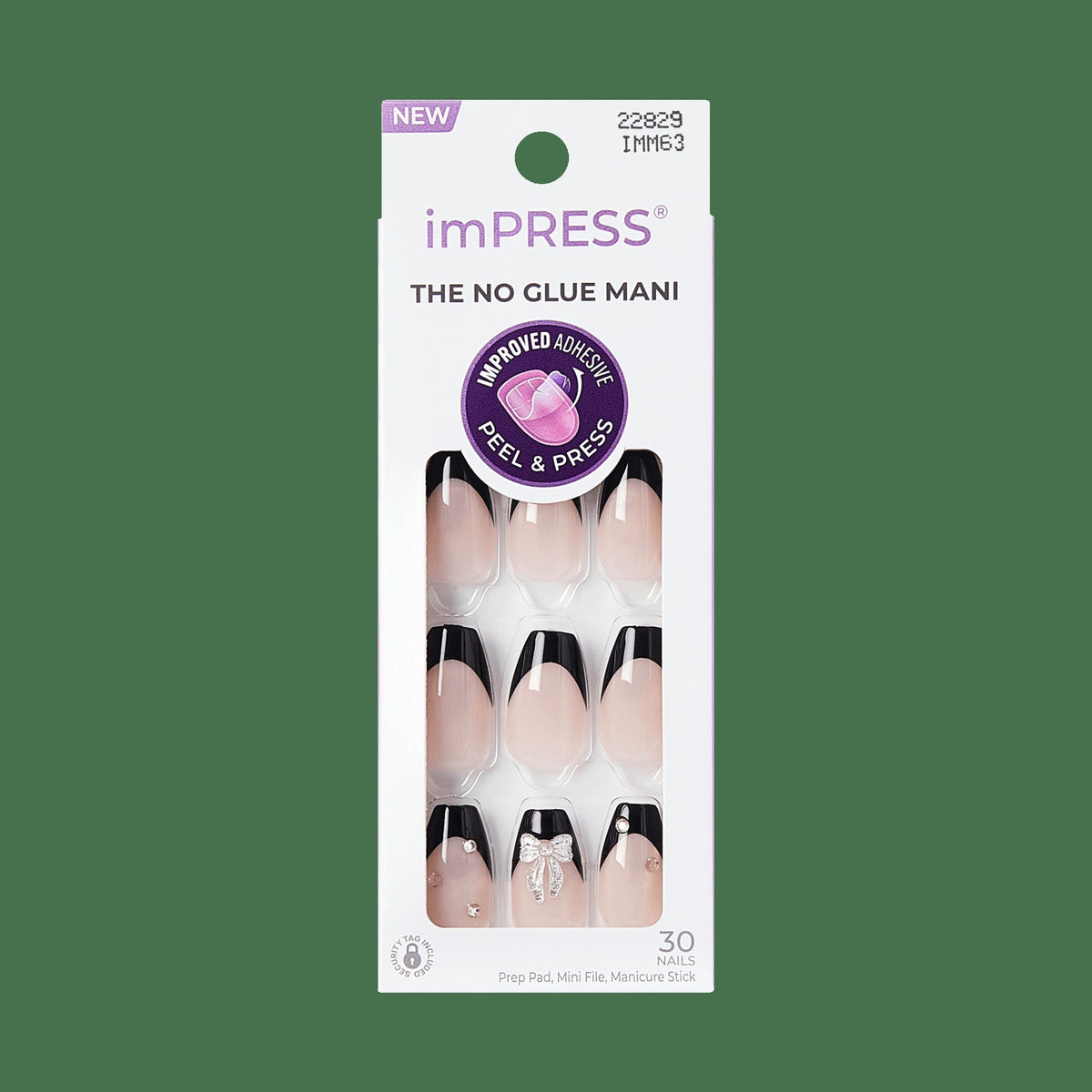 Impress Design No Glue Fake Press On Nails - By The River | 3D & Jewel French, Black, Medium, Coffin, Manicure
