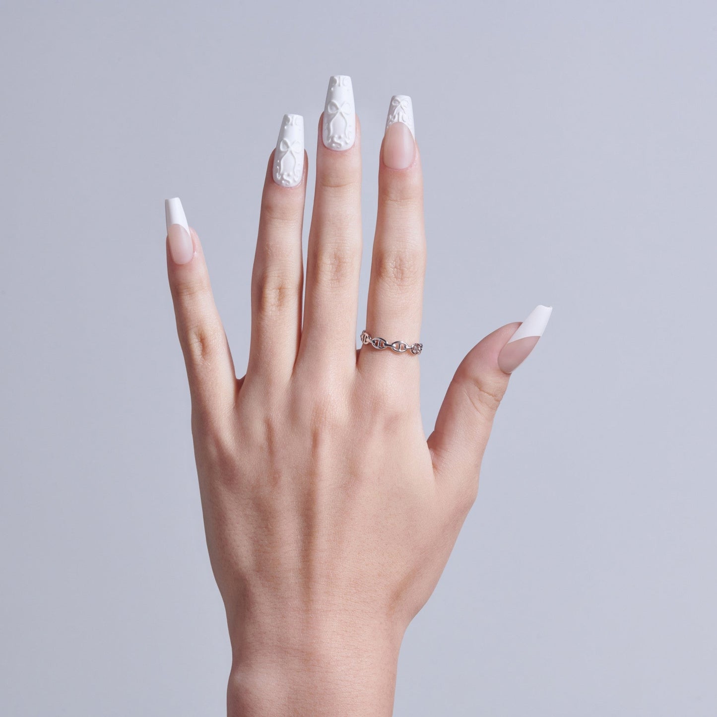 Kiss Glam 3D & Jewel Press On Fake Glue Nails - Breath of Harmony | French, White, Long, Coffin